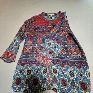 Jones New York Sport Paisley Boho Smocked Tunic Button‎ Front Top Small Multi